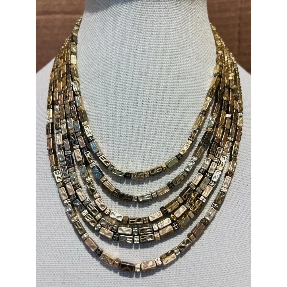 Chico's Vintage Gold Tone Multi Strand Statement Necklace Textured Block Bead